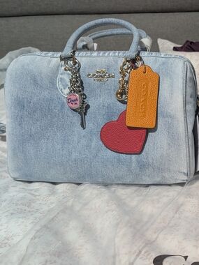 NWT Coach Loved Denim LARGE Rowan satchel with Orange Tag and Red Heart Charm !!